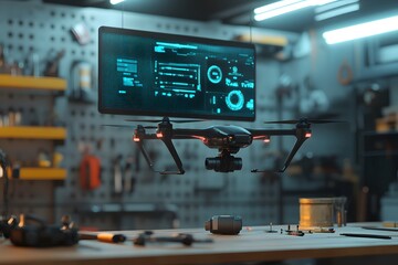 High-Tech Drone Hovering Above Workbench