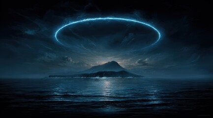 Vibrant photo of mysterious blue ring illuminates island over dark ocean.