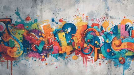 Vibrant Colorful Graffiti Art on Gray Wall.