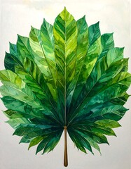 A vibrant watercolor painting showcases a large, detailed palm leaf, with an array of rich green hues and intricate vein patterns, creating a serene and natural mood.