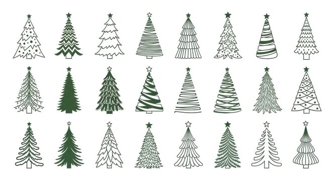 Collection of various handdrawn christmas trees on a white background