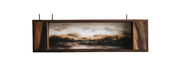 Landscape painting in a dark wooden frame.  Muted tones of brown, beige, and gray depict a serene body of water with a hazy, overcast sky and distant land.  The frame's edges are deeply textured