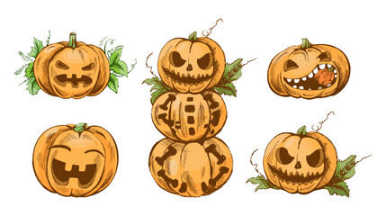 Hand drawn vintage sketch set of halloween pumpkins and jack o lantern faces with spooky expressions isolated vector illustration