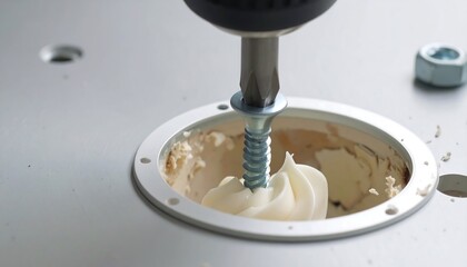 A metal drill bit inserts a screw into a hole filled with a white adhesive compound.