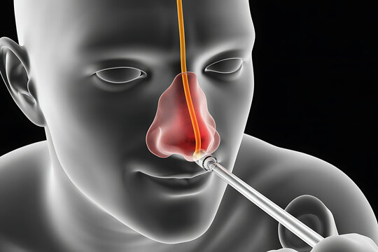 3d medical illustration showing sinus disorder diagnosis with highlighted nasal cavity and insertion of medical instrument for treatment and clinical education