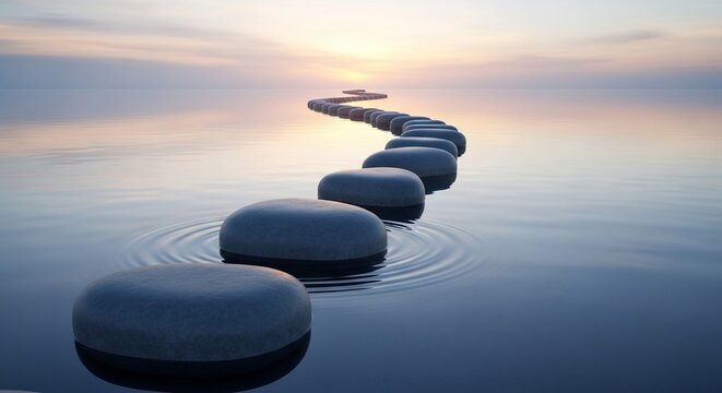 A serene path of stepping stones across calm water towards the horizon.
