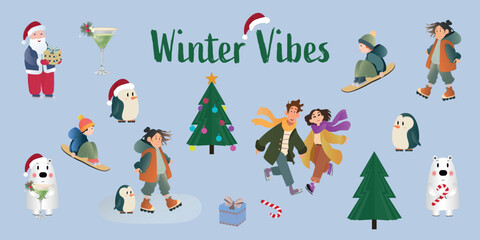Winter holiday clipart set with people, animals, Christmas tree and festive activities for cards, posters, web and print.