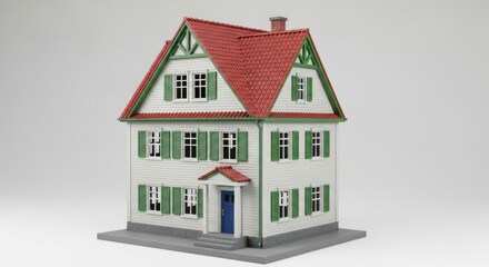 A model of a traditional german house with a red roof and green shutters, isolated on white background