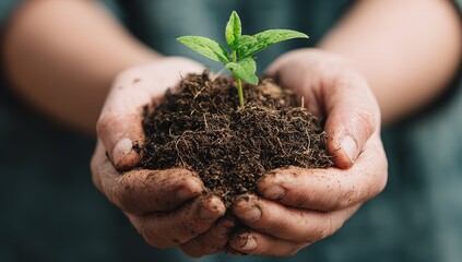 Close-Up of Hands Holding Soil with Young Plant Sprout, Symbolizing Growth, Sustainability, and Environmental Care