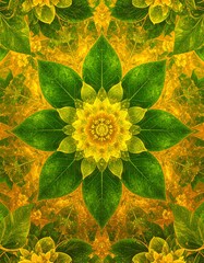 A vibrant, symmetrical design showcasing a repeating pattern of stylized green leaves and yellow blossoms, set against a backdrop of warm golden hues.