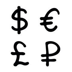 Obraz premium Hand drawn multiple currencies symbol set Dollar euro pound ruble