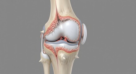 Detailed anatomical cross-section of the human knee joint showing femur, tibia, cartilage, and ligaments on a neutral background