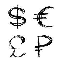 Obraz premium Hand drawn multiple currencies symbol set Dollar euro pound ruble