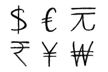 Hand drawn multiple currencies symbol set Dollar euro yuan yen won rupee