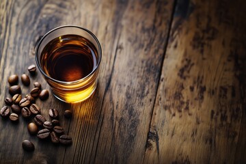 Enjoy rich, aromatic coffee beans scattered around a glass of amber liquid on a rustic wooden surface.