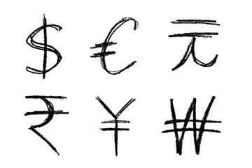 Hand drawn multiple currencies symbol set Dollar euro yuan yen won rupee