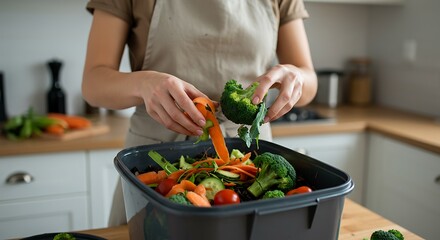 Mindful Composting: Woman Adding Vibrant Vegetable Scraps to a Kitchen Compost Bin
