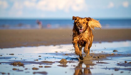A golden retriever dog runs joyfully through shallow water on a sandy beach, splashing and creating a lively scene.