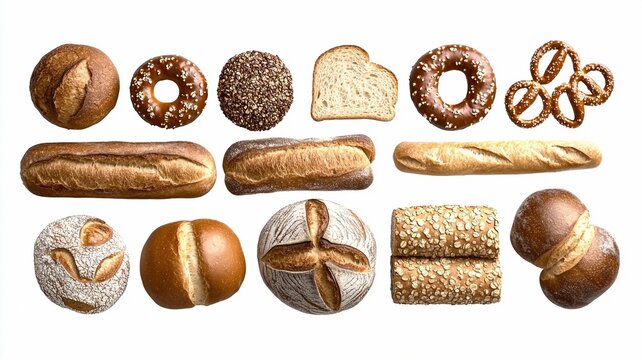 Assorted European Bread Collection with Baguette, Bun, Bagel, Toast, Pretzel, Whole Grain for Bakery Poster, Menu Design, Food Advertisement - Powered by Adobe