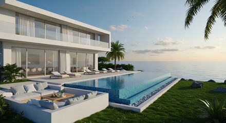 Fototapeta premium Modern Oceanfront Villa with Infinity Pool and Sunken Lounge Overlooking a Calm Sea