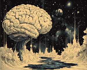 Brain Shaped Tree Under Starry Sky with Cosmic and Abstract Elements
