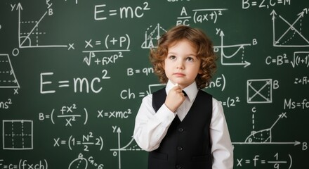 Young boy in formal attire contemplating math equations on a blackboard