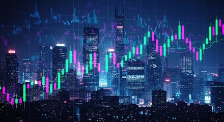 Futuristic cityscape at night with glowing stock market charts overlayed