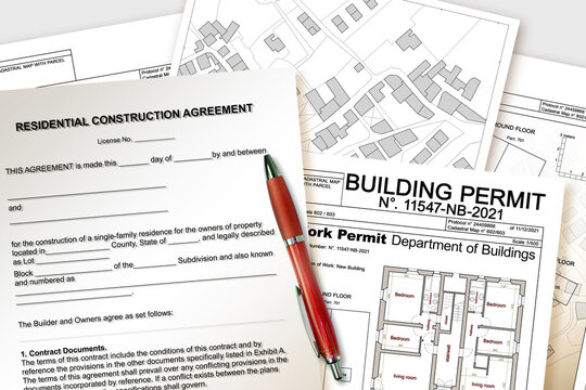RESIDENTIAL CONSTRUCTION AGREEMENT FORM WITH LEGAL TEXT - Concept with building permit of residential building project, cadastral map, ideal for real estate, legal, or construction themes
