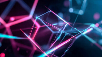 Abstract futuristic neon geometric shapes glowing in pink and blue light, creating a modern digital background