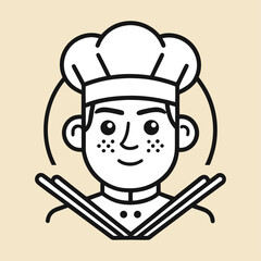 Minimal chef face line art illustration with chopsticks as eyes, modern culinary abstract vector design for kitchen, restaurant, branding