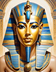 Close-up portrayal of a golden pharaoh's magnificent headdress and elaborate jewelry, showcasing rich blue and gold hues.