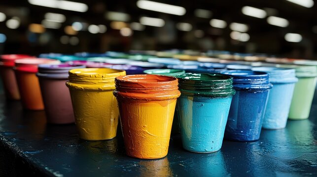 Colorful paint containers in a printing factory