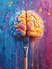 Colorful Human Brain on Paintbrush with Blue and Pink Artistic Background