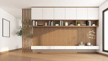 Living room with built-in TV cabinet and bookshelf. wooden slat wall and white polished concrete wall. 3d rendering
