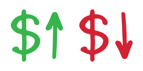 Hand drawn dollar currency symbol Growth and fall profit with arrow up and down Brush stroke doodle Element for design