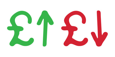 Hand drawn british pound currency symbol Growth and fall profit with arrow up and down Brush stroke doodle Element for design