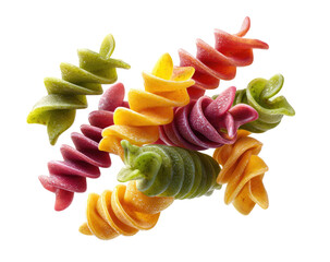 Vibrant spiral pasta in shades of yellow, red, and green,  arranged in a cluster against a black background