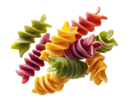 Vibrant spiral pasta in shades of yellow, red, and green,  arranged in a cluster against a black background