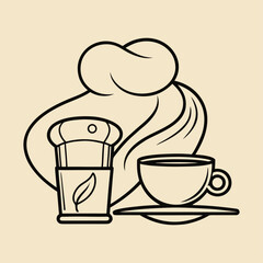 Minimal one-line vector art of chef hat flowing into coffee cup, elegant continuous line drawing for kitchen, cafe, restaurant branding