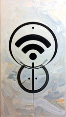 A muted palette painting features overlapping circles, a central vertical line, and a black wireless symbol, all set against a backdrop of soft brushstrokes in light greys and creams.