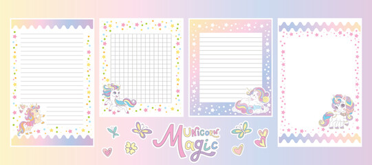 Cute unicorn note pages ptintable template vector set