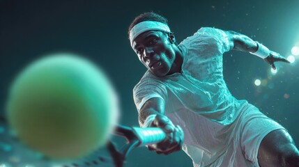 Fototapeta premium Focused padel player stretches forward to hit the ball under dramatic lighting during a fast paced night match.