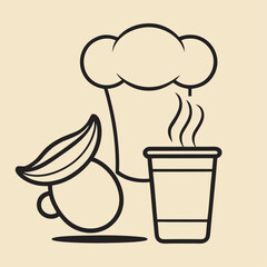 Minimal one-line vector art of chef hat flowing into coffee cup, elegant continuous line drawing for kitchen, cafe, restaurant branding