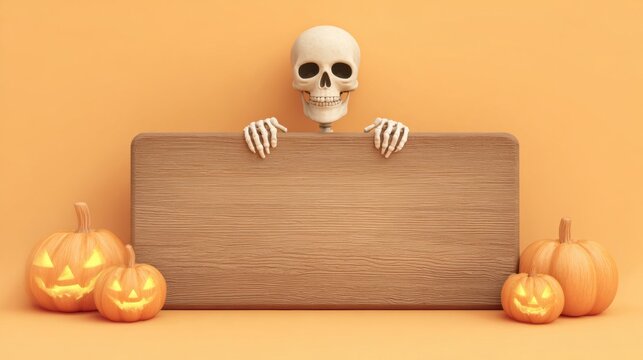 Halloween 3d skeleton with pumpkins holding blank wooden sign - Powered by Adobe