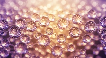 Abstract molecular structure with water droplets and bokeh lights.