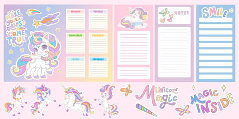 Cute cartoon unicorns weekly planners and note pages vector set