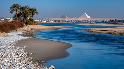 Obraz premium Serene riverbank view, pyramids in distance