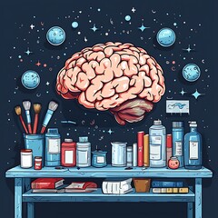 Floating Brain Above Creative Table with Books and Cosmic Background