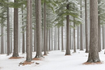 Naklejka premium Snowy forest scene with tall, straight trees