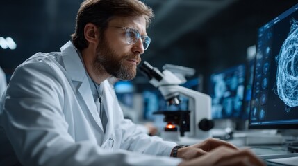 Scientist analyzing data and images in a modern laboratory during the day